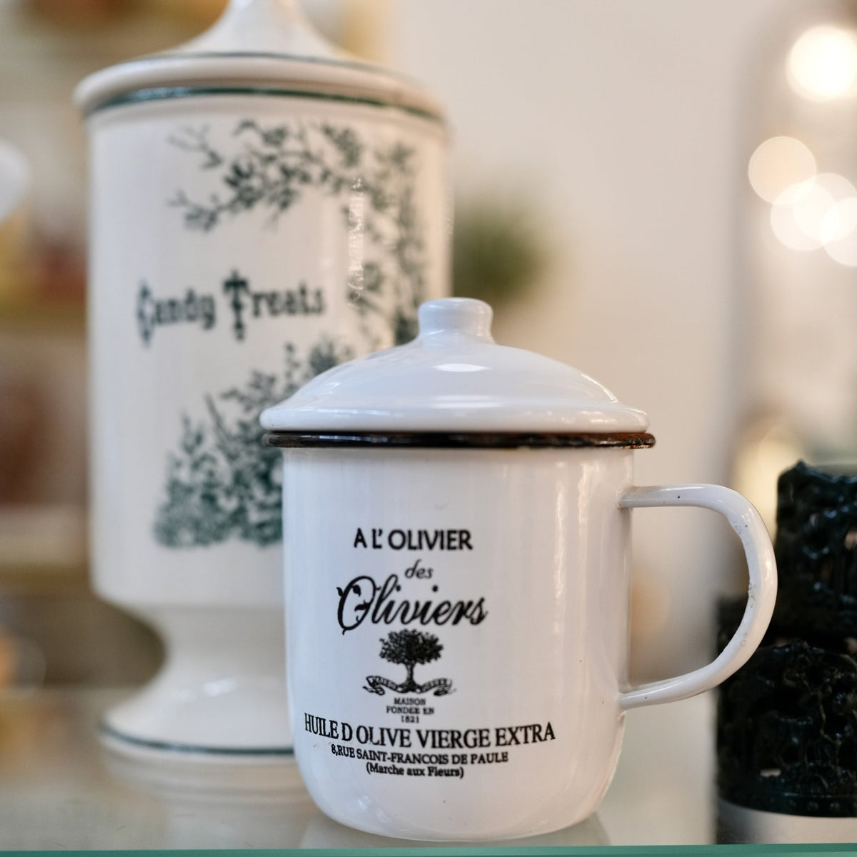 White Enamel Lidded Mug with French Olive Oil Lettering - Curated Home Decor