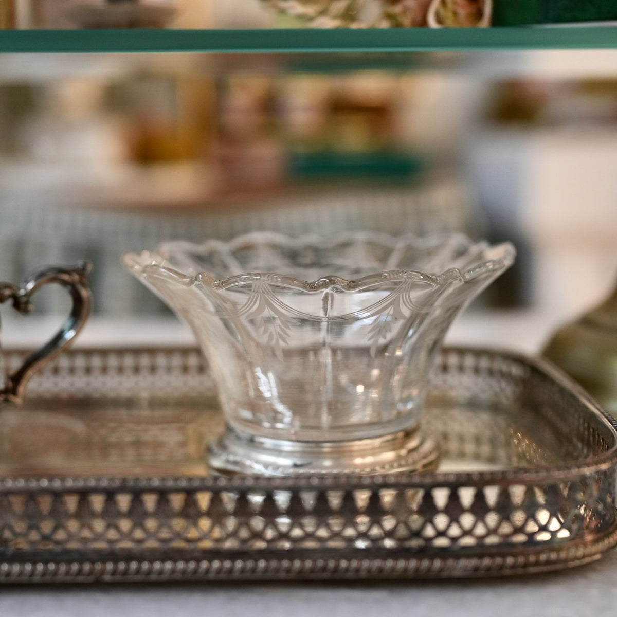 
                  
                    Vintage Etched Glass Bowl with Scalloped Rim on Sterling Silver Base - Curated Home Decor
                  
                