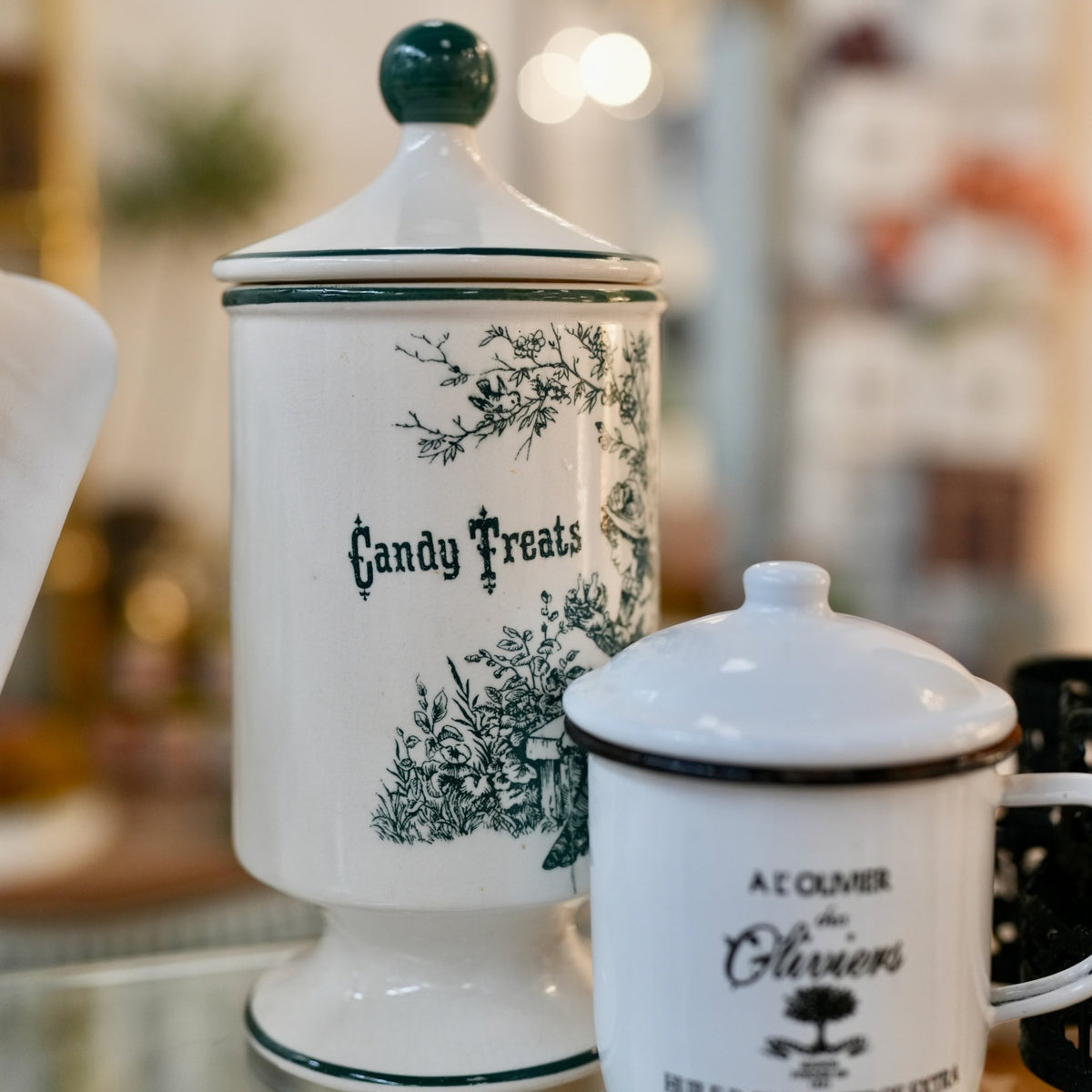 
                  
                    Vintage Candy Treats Ceramic Apothecary Jar with Green Toile-Style Print - Curated Home Decor
                  
                