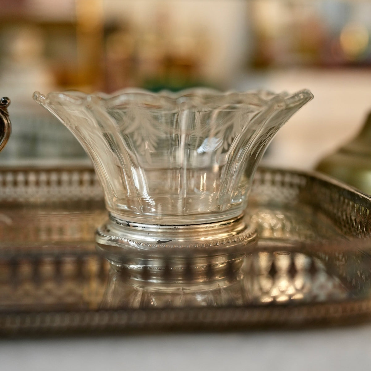 Vintage Etched Glass Bowl with Scalloped Rim on Sterling Silver Base - Curated Home Decor