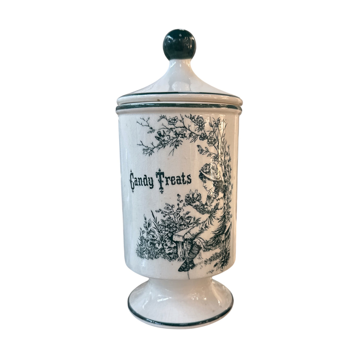 Vintage Candy Treats Ceramic Apothecary Jar with Green Toile-Style Print - Curated Home Decor