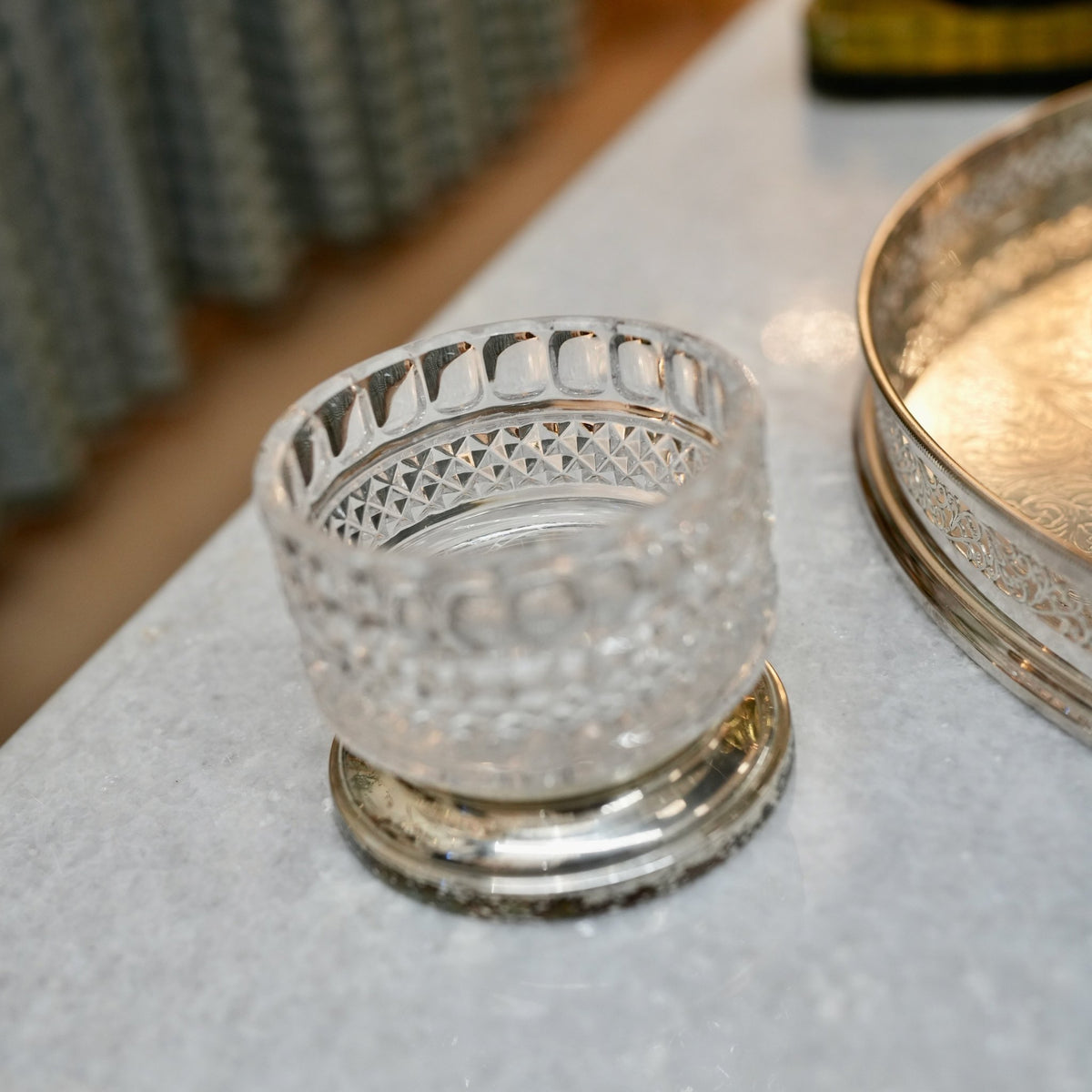 
                  
                    Vintage Diamond-Band Pressed Glass Bowl on Silverplate Base - Curated Home Decor
                  
                