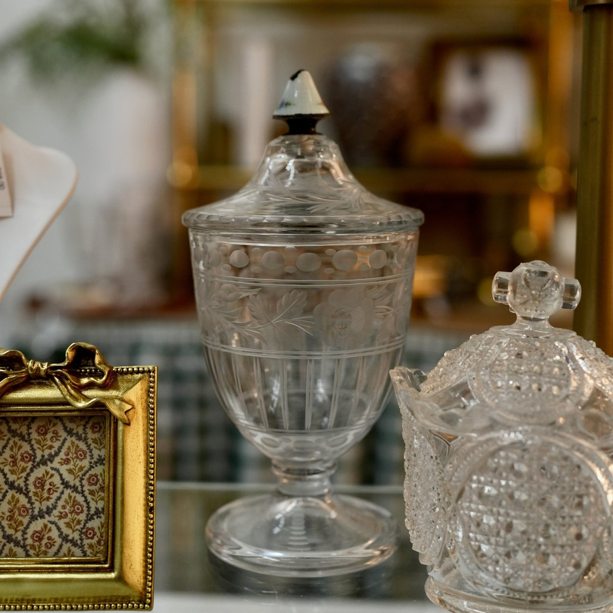 Vintage Etched Glass Footed Covered Jar with Enamel Finial - Curated Home Decor