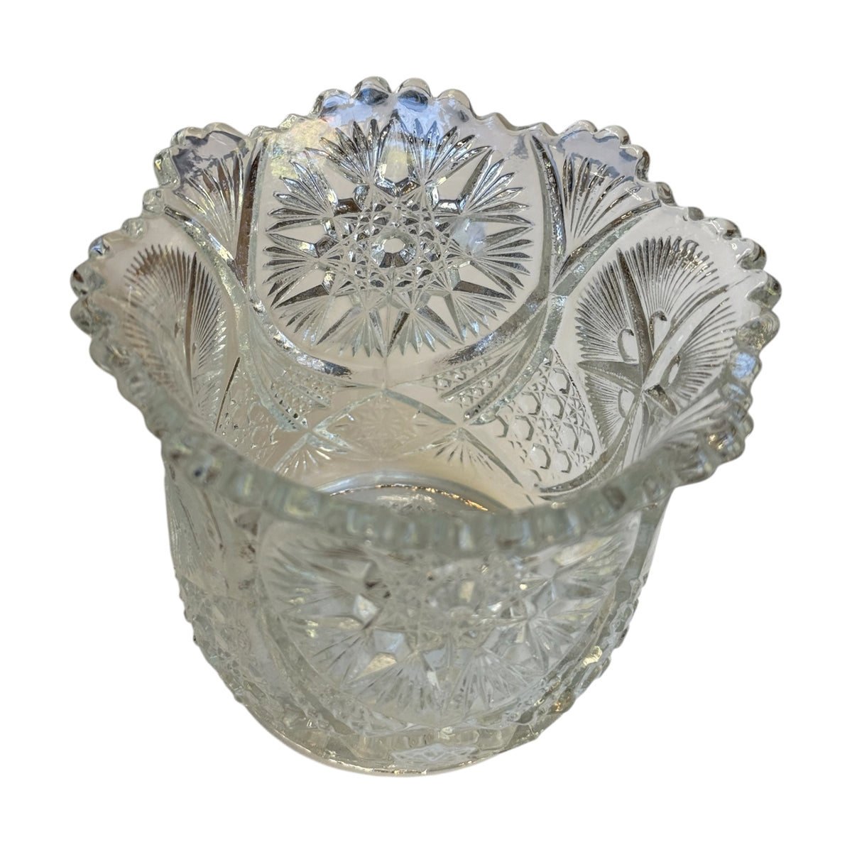 
                  
                    Vintage Pressed Glass Star-Pattern Spooner Vase with Scalloped Rim - Curated Home Decor
                  
                