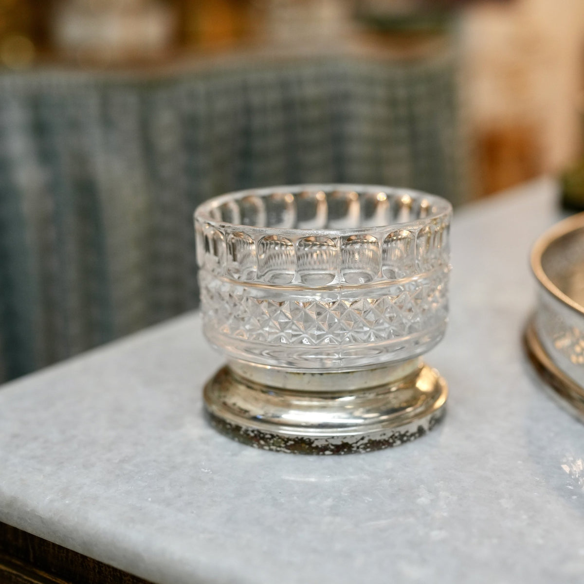 Vintage Diamond-Band Pressed Glass Bowl on Silverplate Base - Curated Home Decor