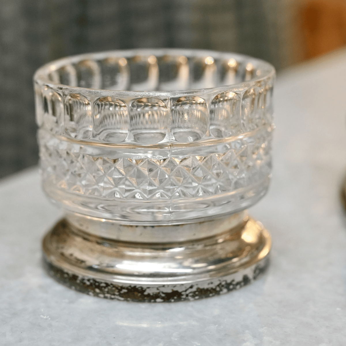 Vintage Diamond-Band Pressed Glass Bowl on Silverplate Base - Curated Home Decor