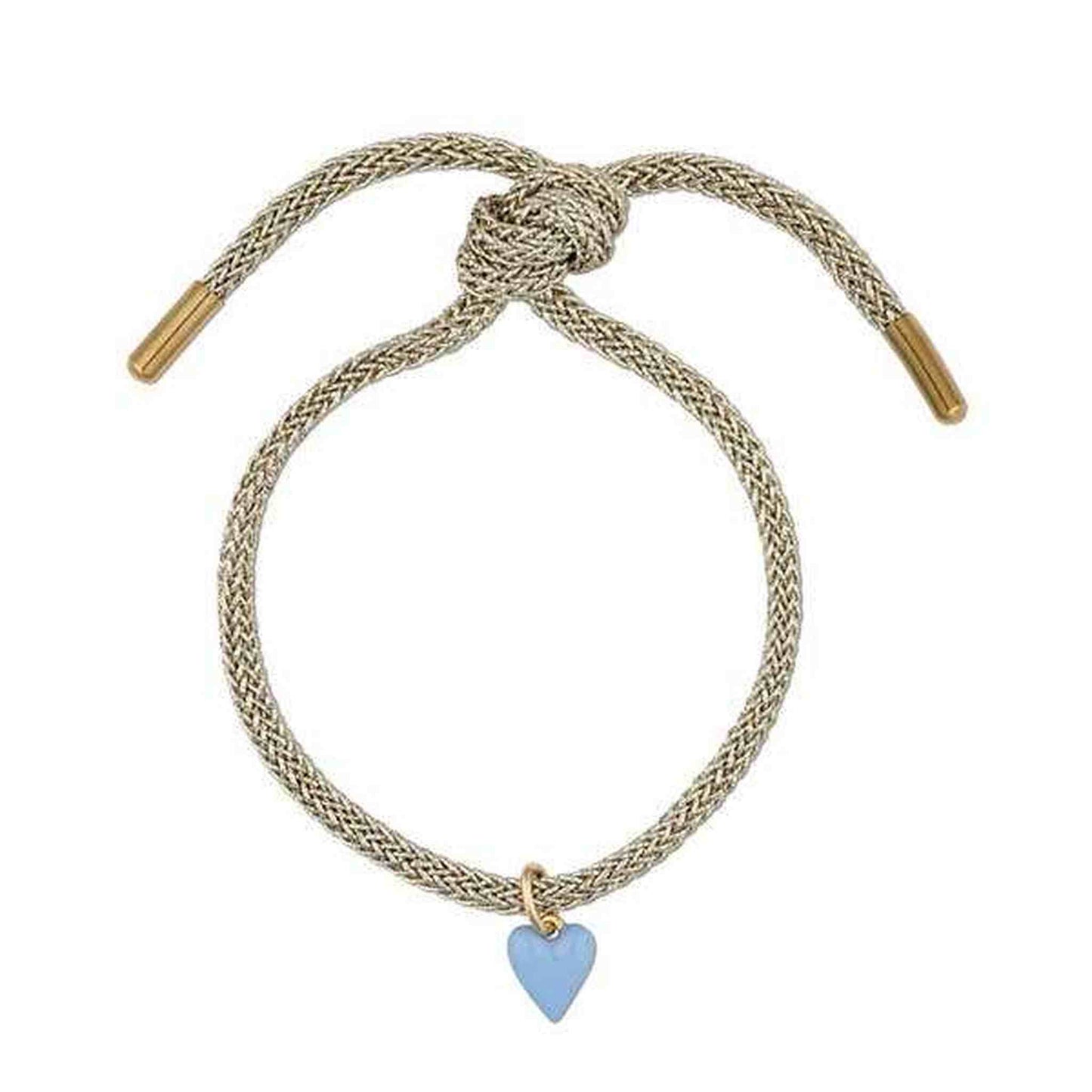 Gold Lurex Bracelet with blue enamel mini heart charm on adjustable gold cord