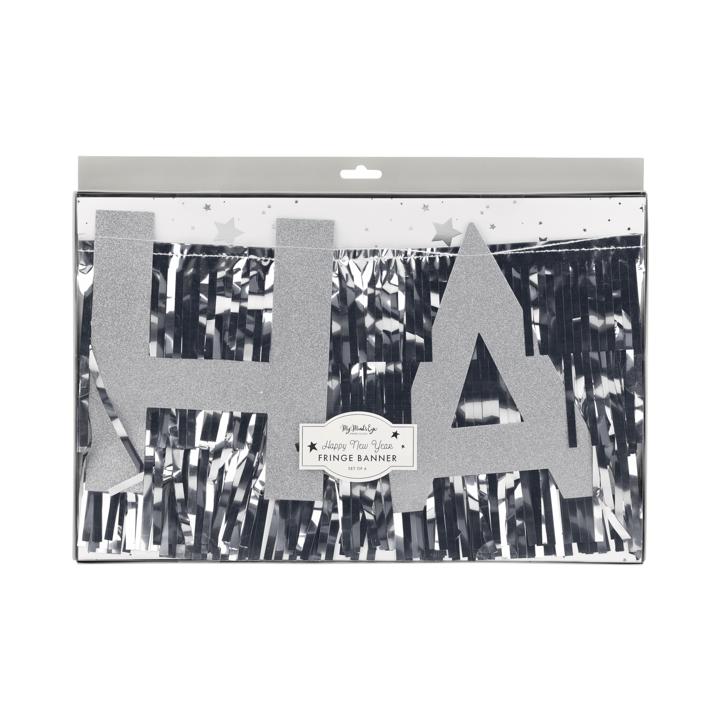 Happy New Year Fringed Banner with silver glitter and mylar fringe decoration set