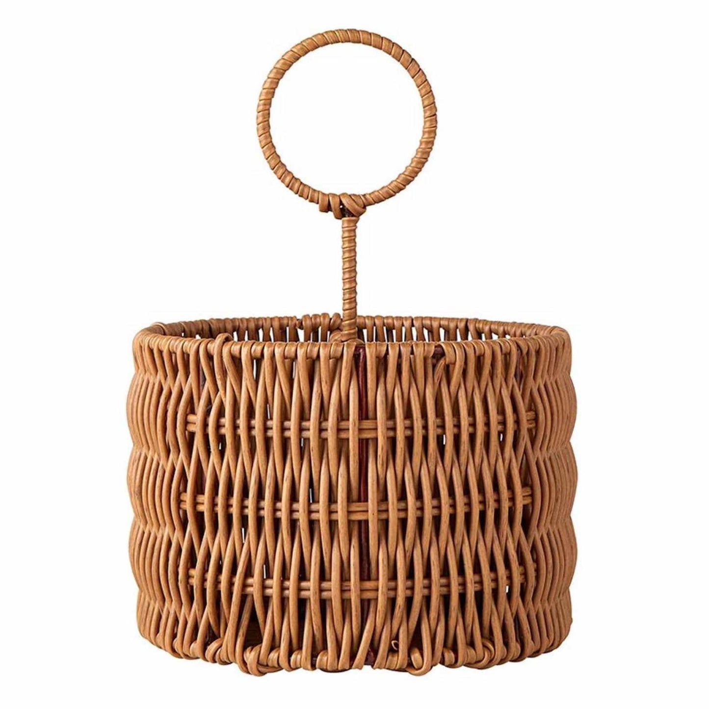 Handcrafted wicker utensil caddy with four compartments, durable resin and iron frame, perfect for organizing flatware and napkins.