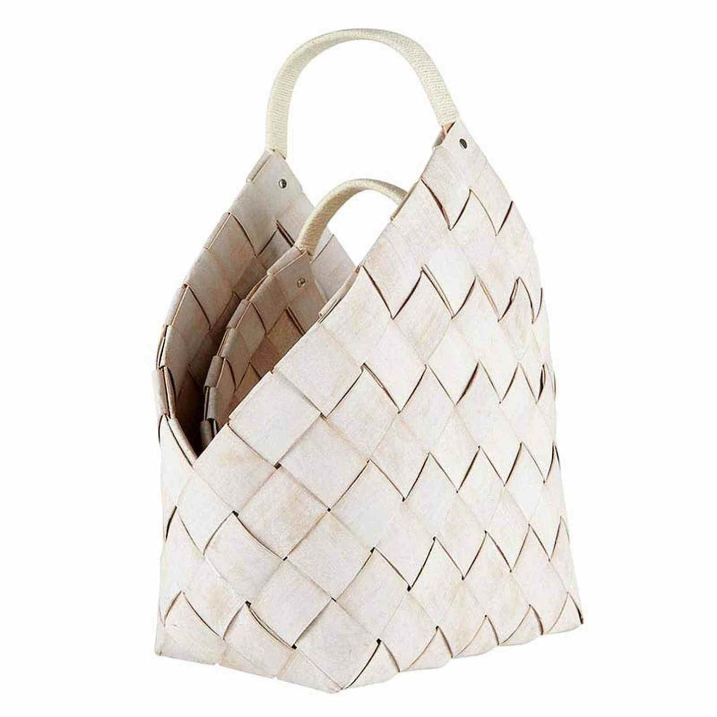 
                  
                    Set of two handcrafted nested wood fiber baskets in warm white for versatile home storage and decor
                  
                