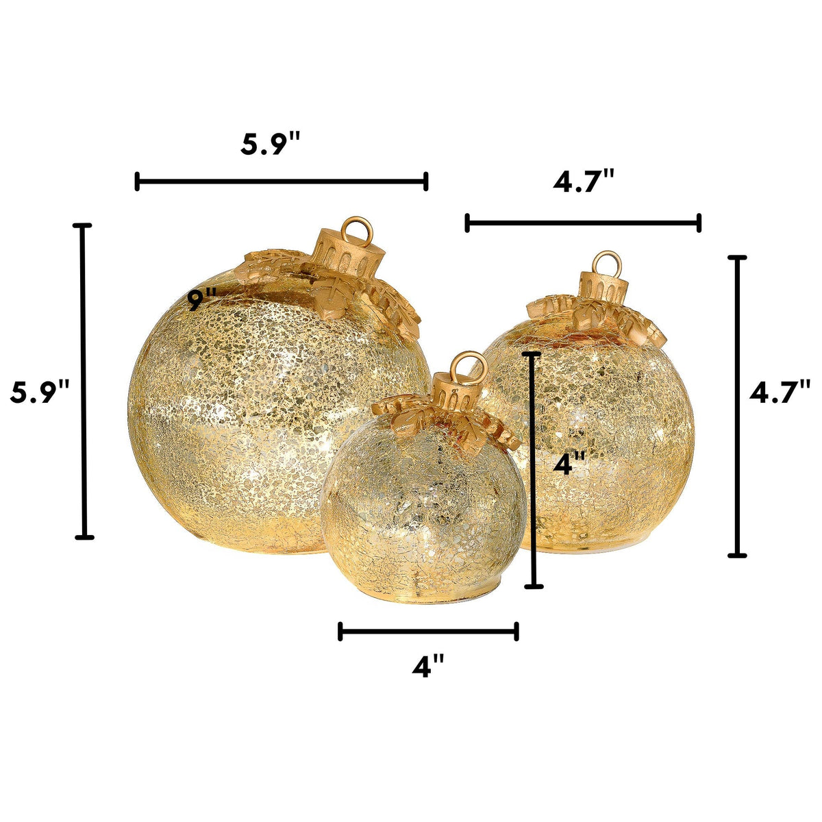 
                  
                    Battery-Operated Glass Tabletop Ornaments, Gold, Set of 3 - Curated Home Decor
                  
                