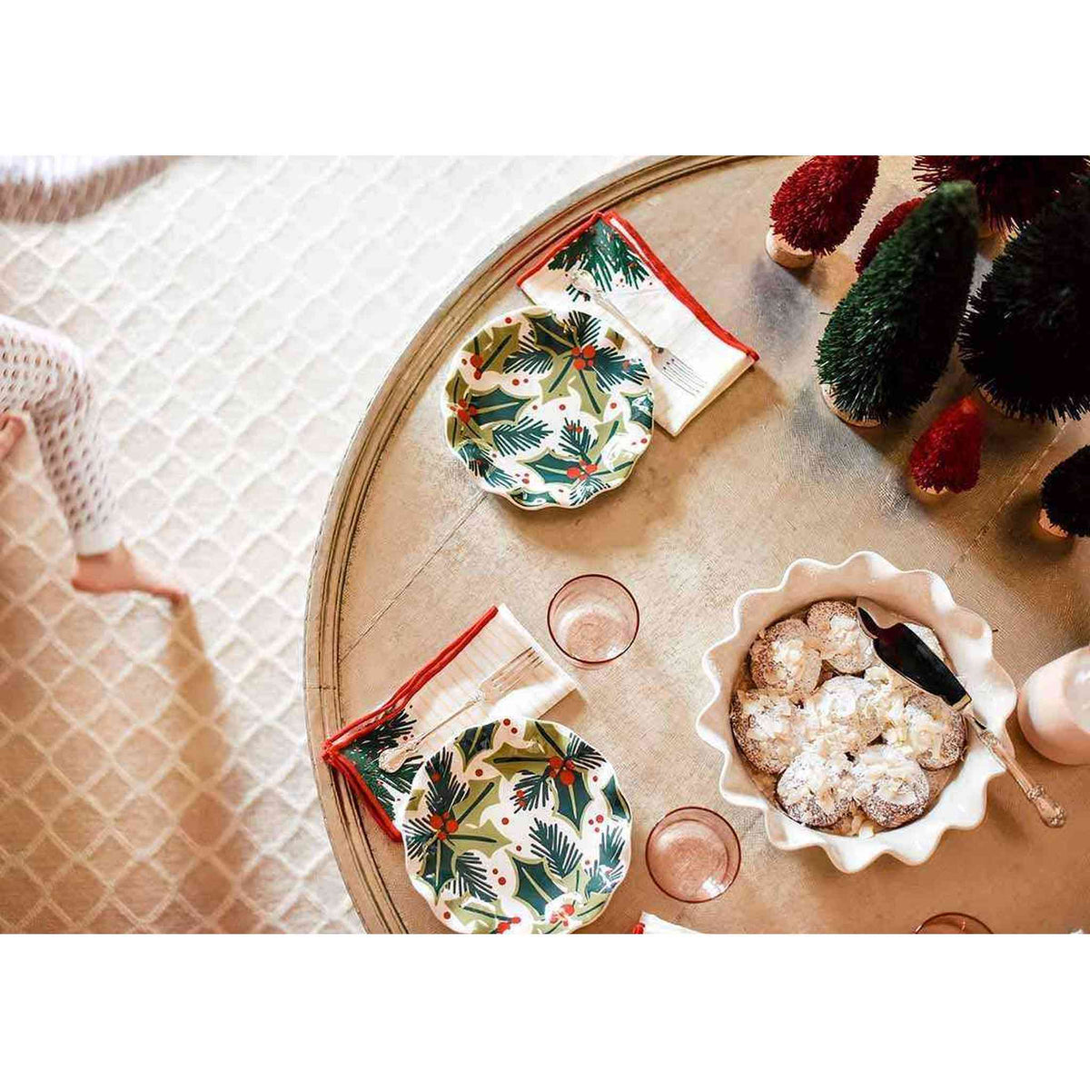 
                  
                    Holly Ruffle Salad Plate with festive holly and balsam leaf design and ruffled rim on holiday table setting
                  
                