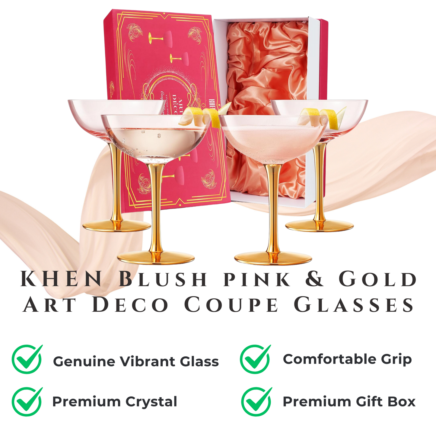 Colored Coupe Art Deco Glasses, Gold | Set of 4 | 12 oz - Curated Home Decor