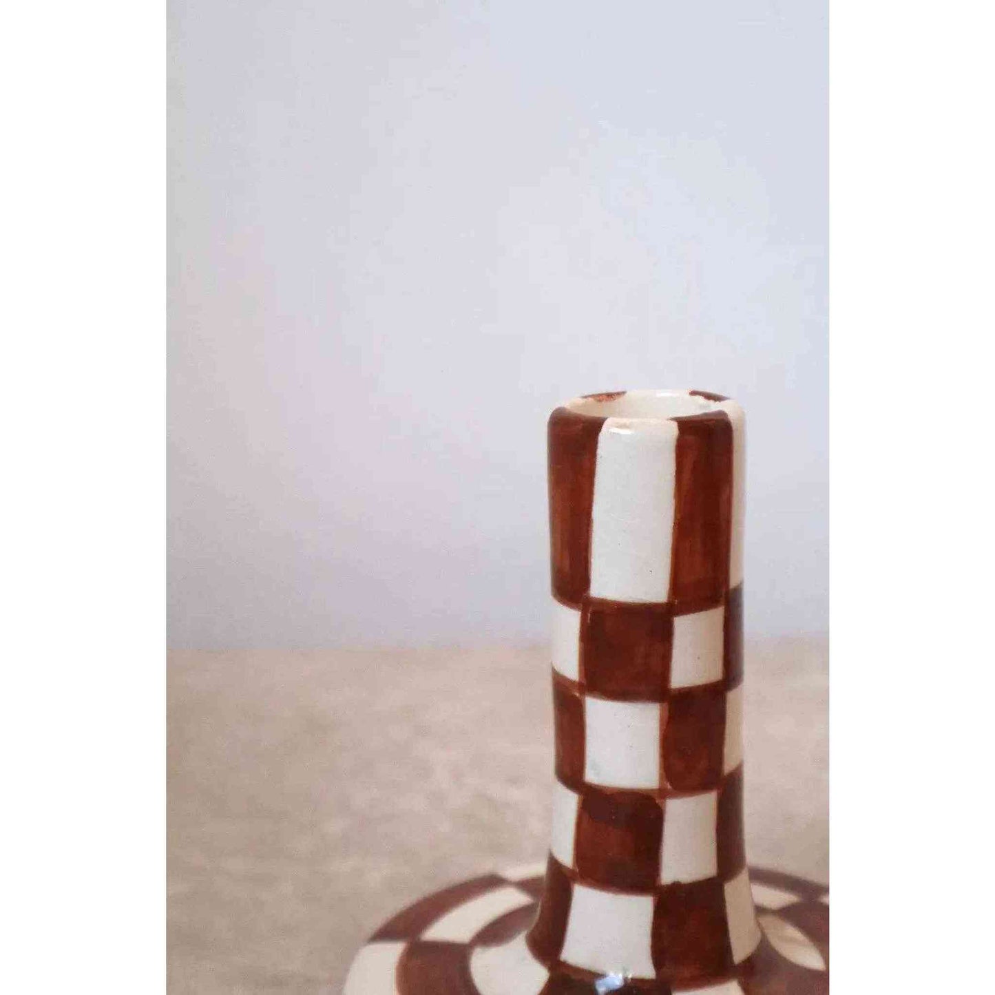 
                  
                    Handmade Ceramic Candle Holders in Brown and White Checkered Design - Curated Home Decor
                  
                