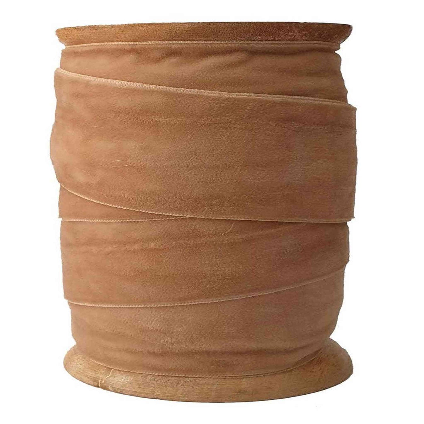 Wide hand dyed velvet ribbon in light pink on wooden spool for gift wrapping and decor