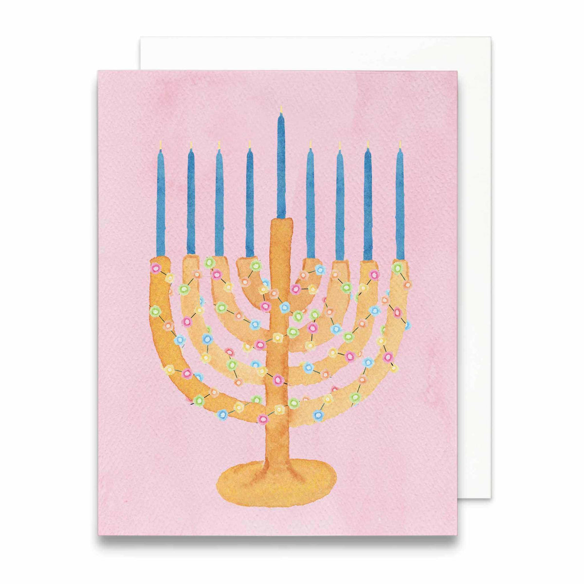 
                  
                    Chrismukkah festive menorah greeting card with hand-painted menorah, blue candles, colorful string lights on pink background
                  
                