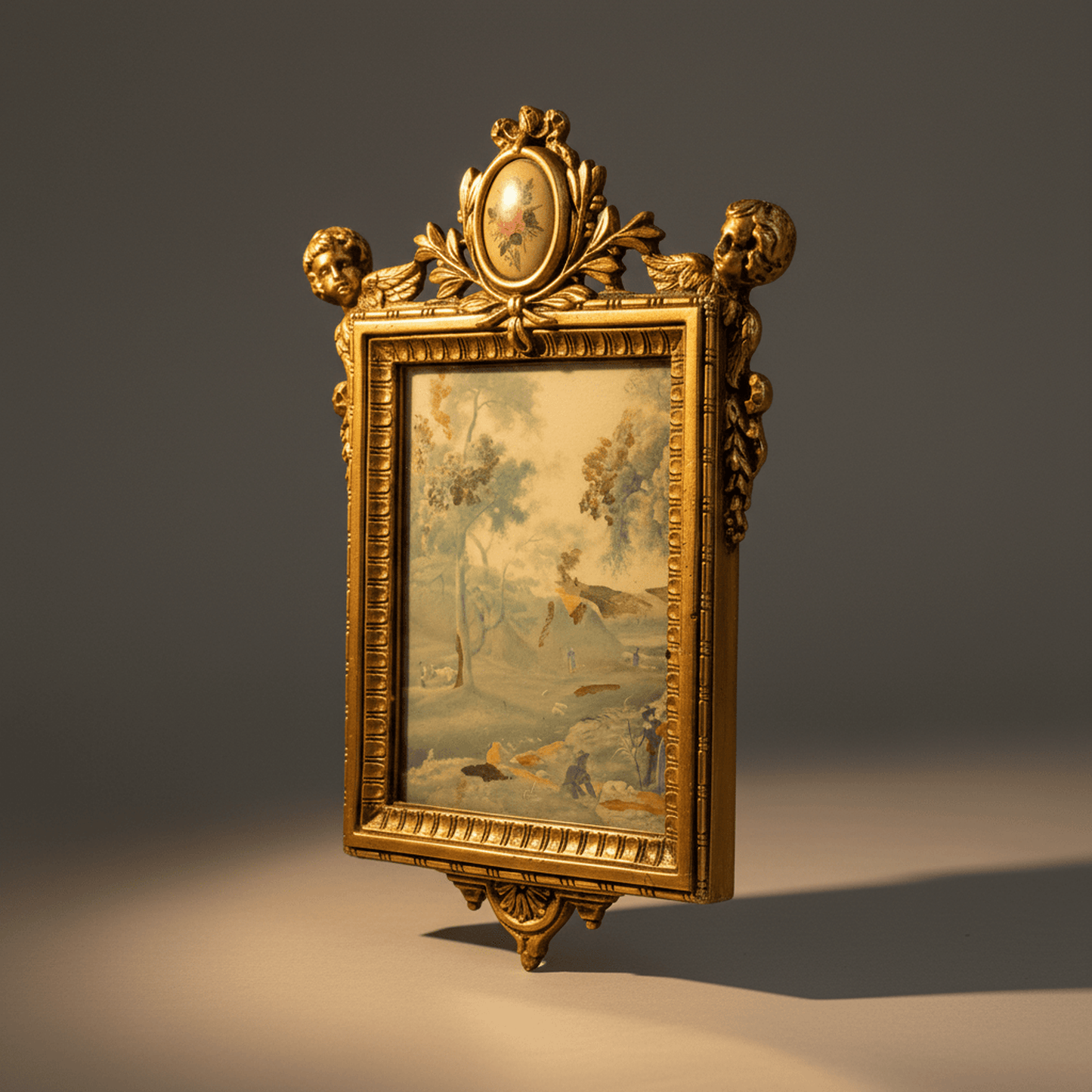 19th-century pastoral landscape oil painting with figures by a stream in ornate gilt frame