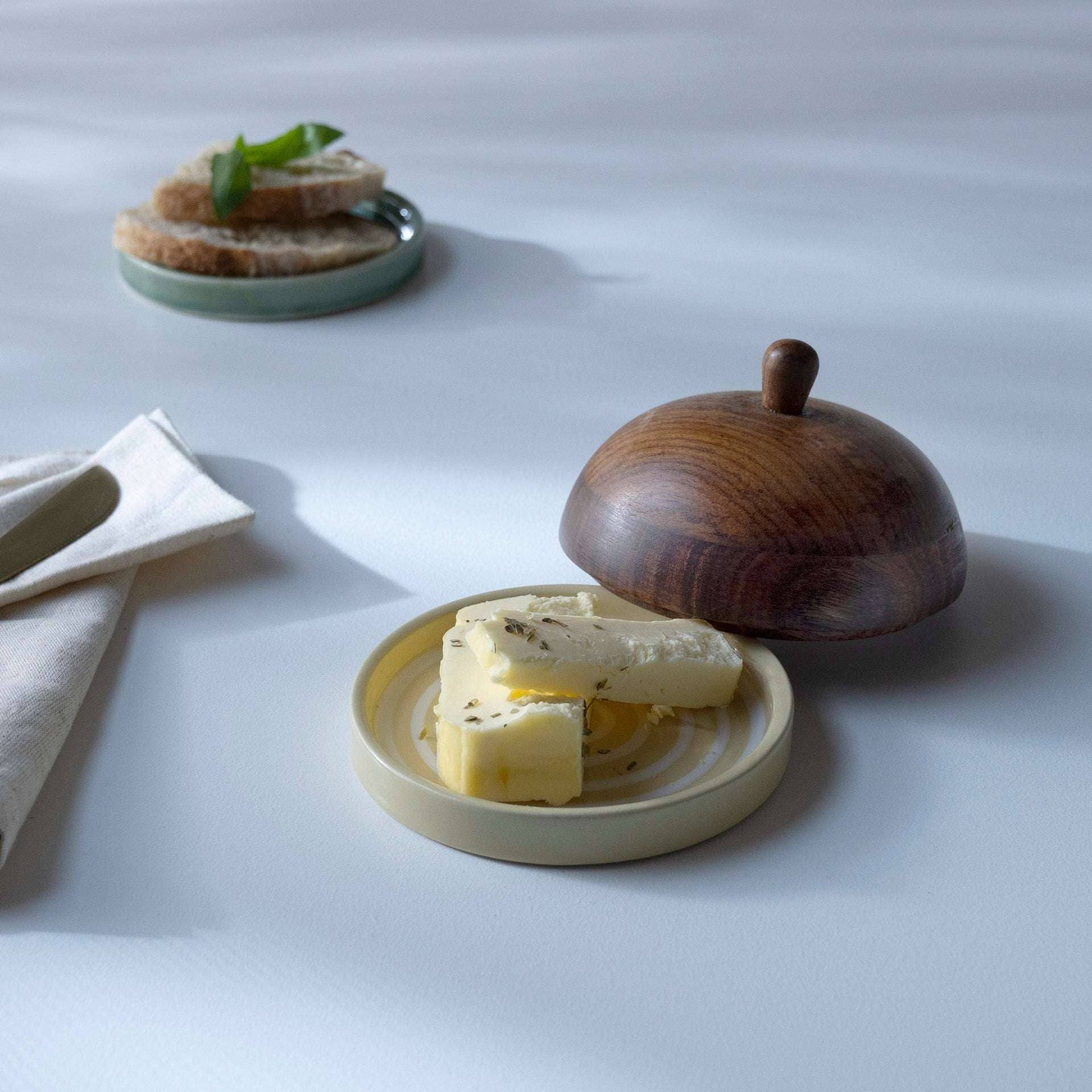 Lemon Striped Ceramic Butter Dish with Mango Wood Lid - Curated Home Decor