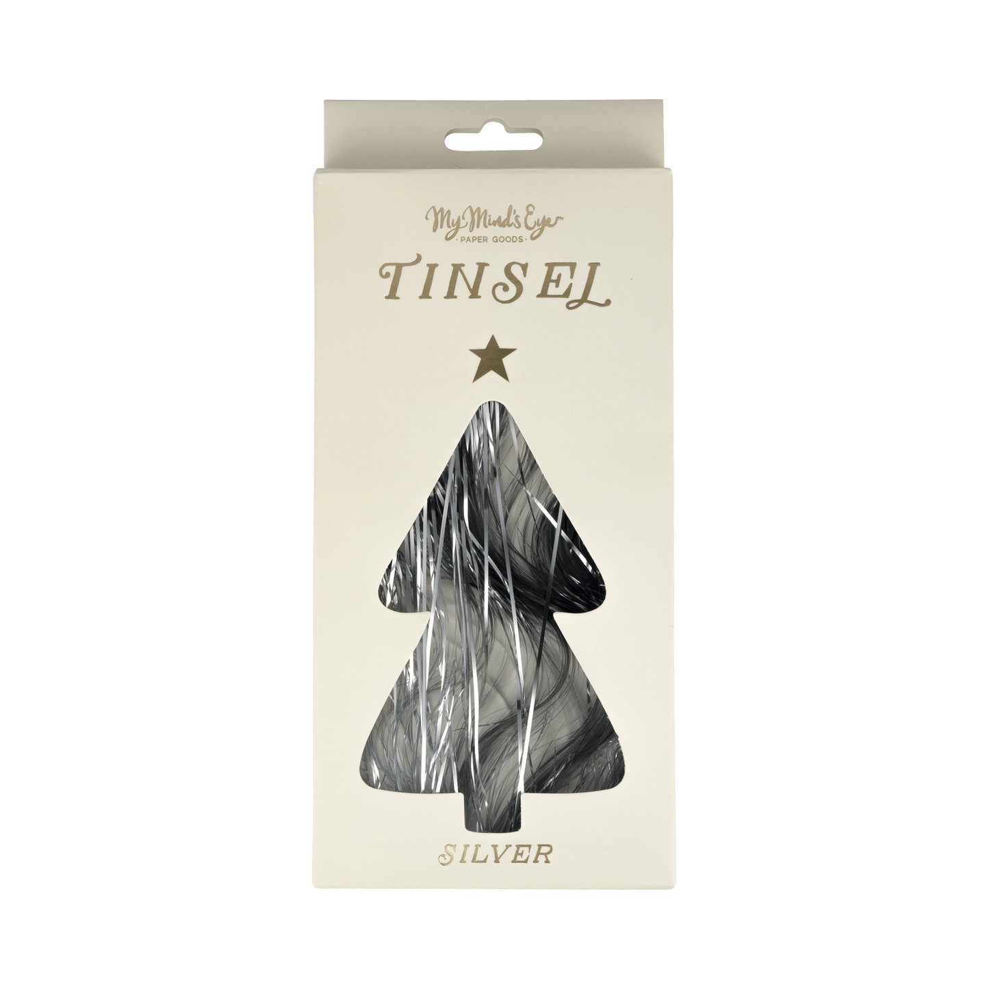 Silver Tinsel Christmas tree decor in beige packaging with tree-shaped window showing shiny silver strands