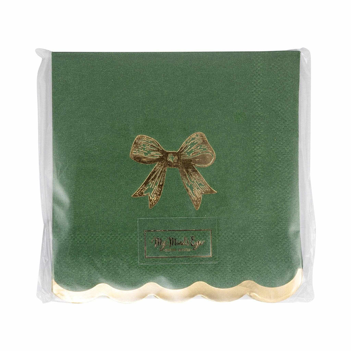 
                  
                    Green cocktail napkins with gold-foil bow and scalloped edges, pack of 18, festive holiday design
                  
                