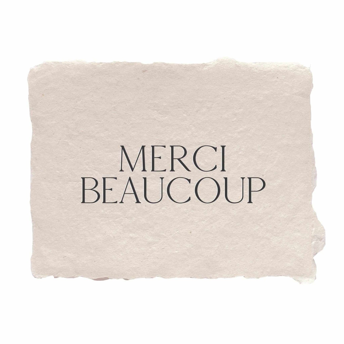 merci beaucoup note card on handmade paper with deckled edges and letterpress printing