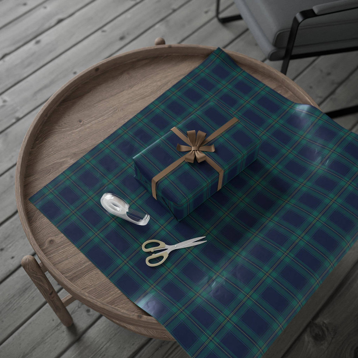 
                  
                    Gift wrapped in navy and green tartan Christmas wrapping paper - Curated Home Decor
                  
                