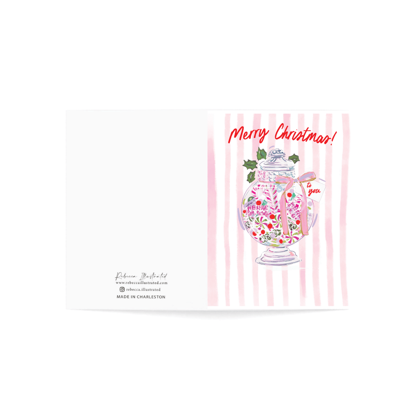 Merry Christmas Candy Greeting Card with illustrated candy jar and blank interior for personalized messages
