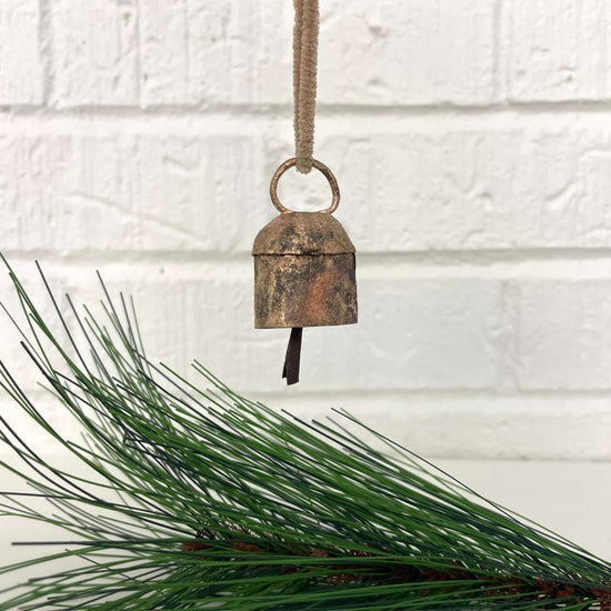 fort & field - 1 3/4" rounded tin brass bell holiday Christmas ornament: Hunter green suede like cord - Curated Home Decor