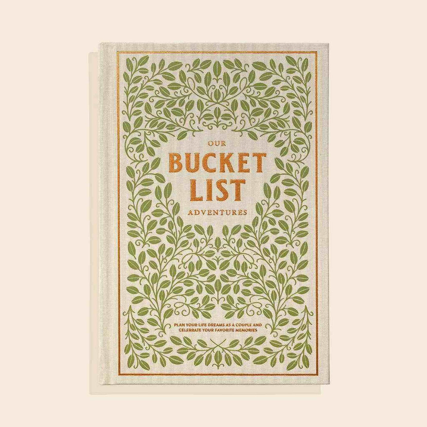 Our Bucket List Adventures journal with elegant linen cover and bronze foil, designed for couples to plan and record travel and life goals.
