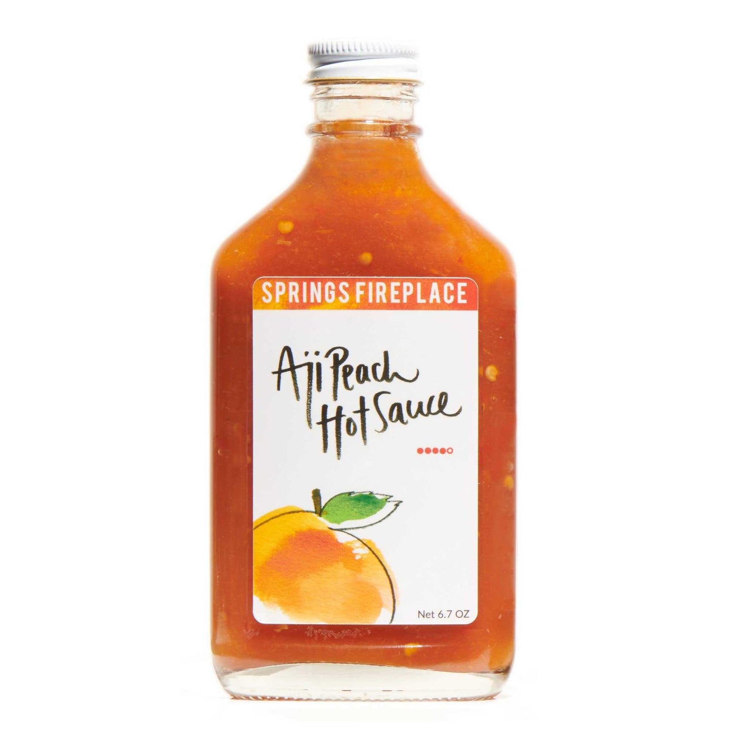 Aji Peach hot sauce bottle with peach illustration and bold spicy flavor blend