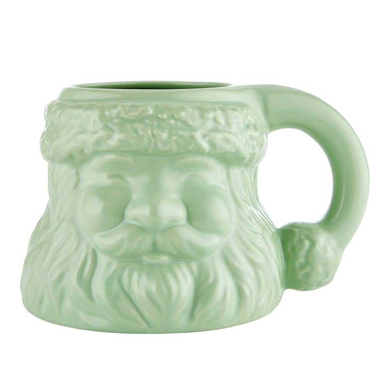 Ceramic green Santa face mug with festive holiday design for cozy winter drinks