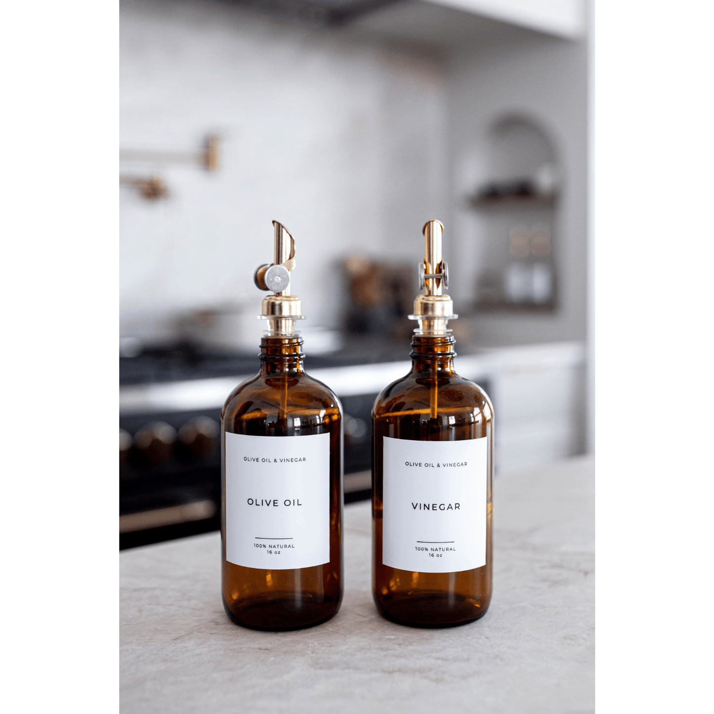 Amber vinegar refillable glass dispenser bottle with stainless steel pour spout and matte label