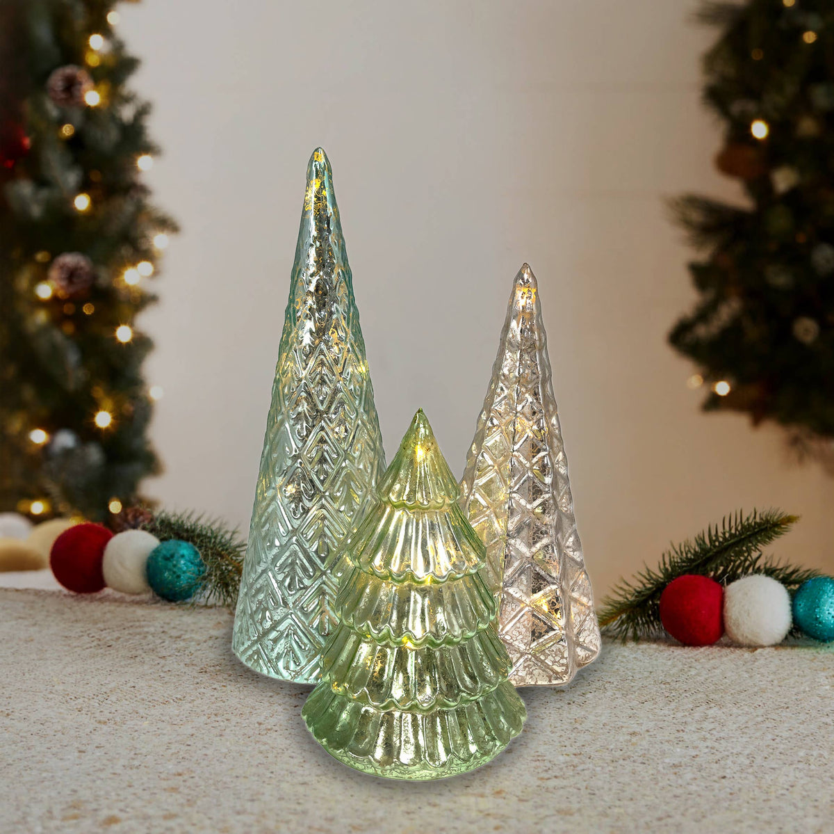
                  
                    Battery-Operated Green & Silver Glass Trees, Set of 3 - Curated Home Decor
                  
                