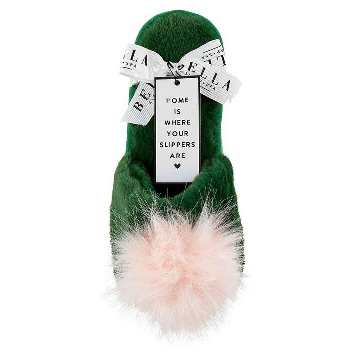 green plush slippers with blush pom pom and white bow