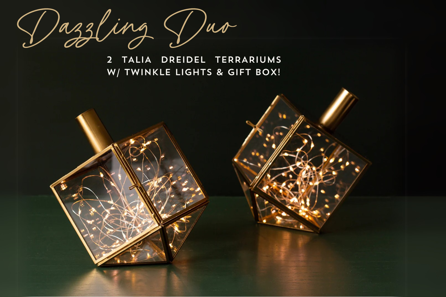 Dazzling Dreidel Duo with twinkle lights in elegant Talia Dreidel Terrariums for Hanukkah centerpiece or display.