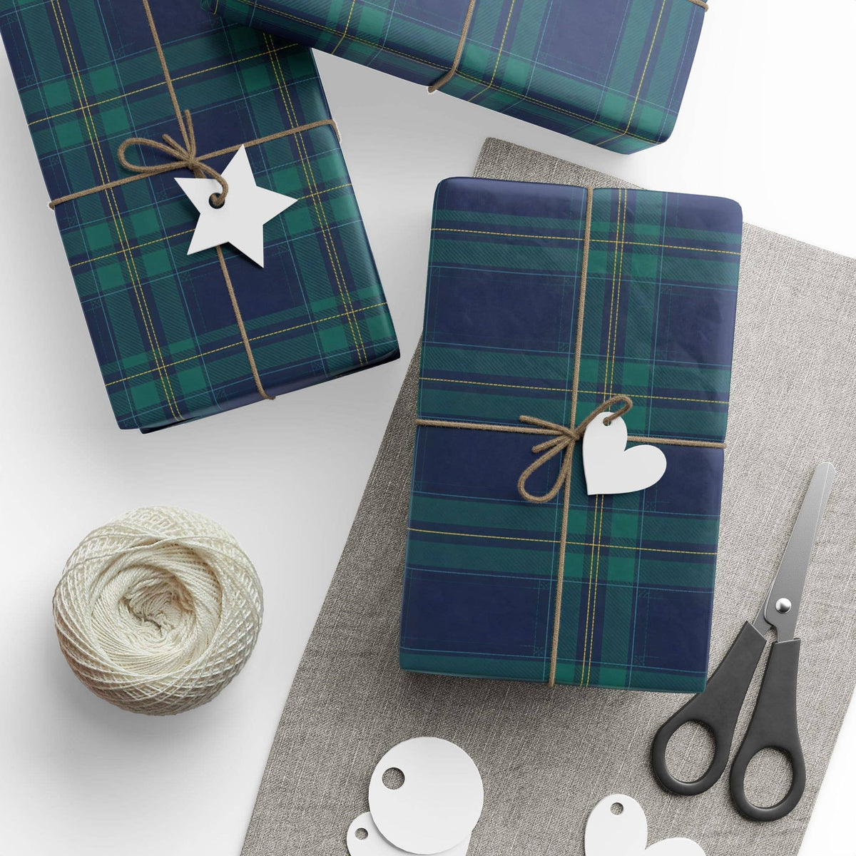 
                  
                    Navy and green tartan plaid Christmas wrapping paper, detail - Curated Home Decor
                  
                