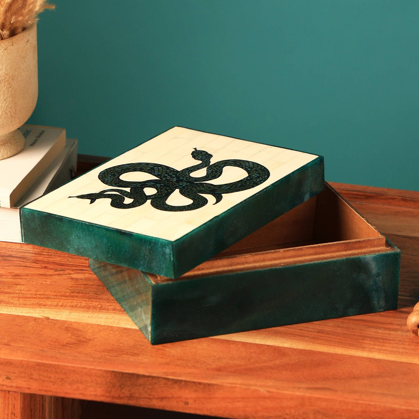 Resin Base, Bone Lid Box with Snake Motif - Curated Home Decor