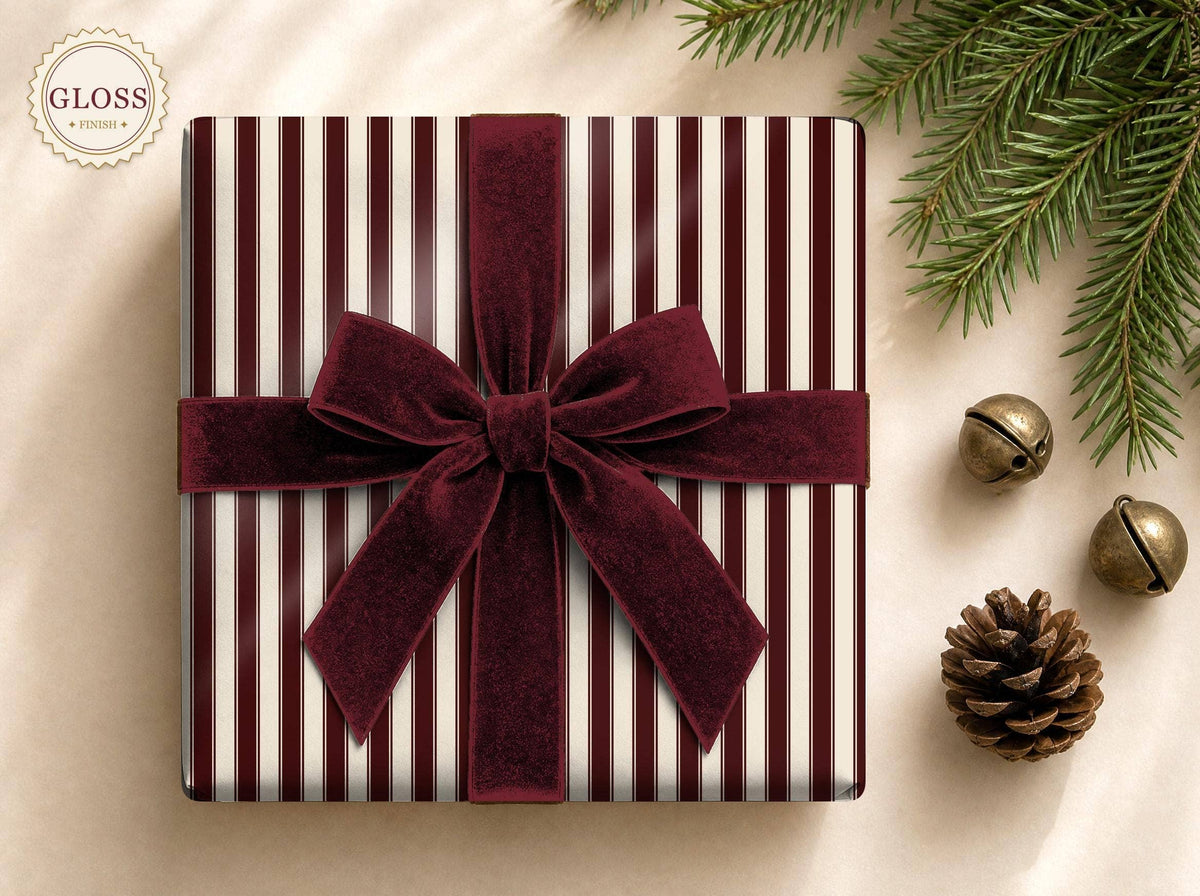 
                  
                    Burgundy & Cream Heritage Stripe Christmas Wrapping Paper – 6 ft Roll - Curated Home Decor
                  
                