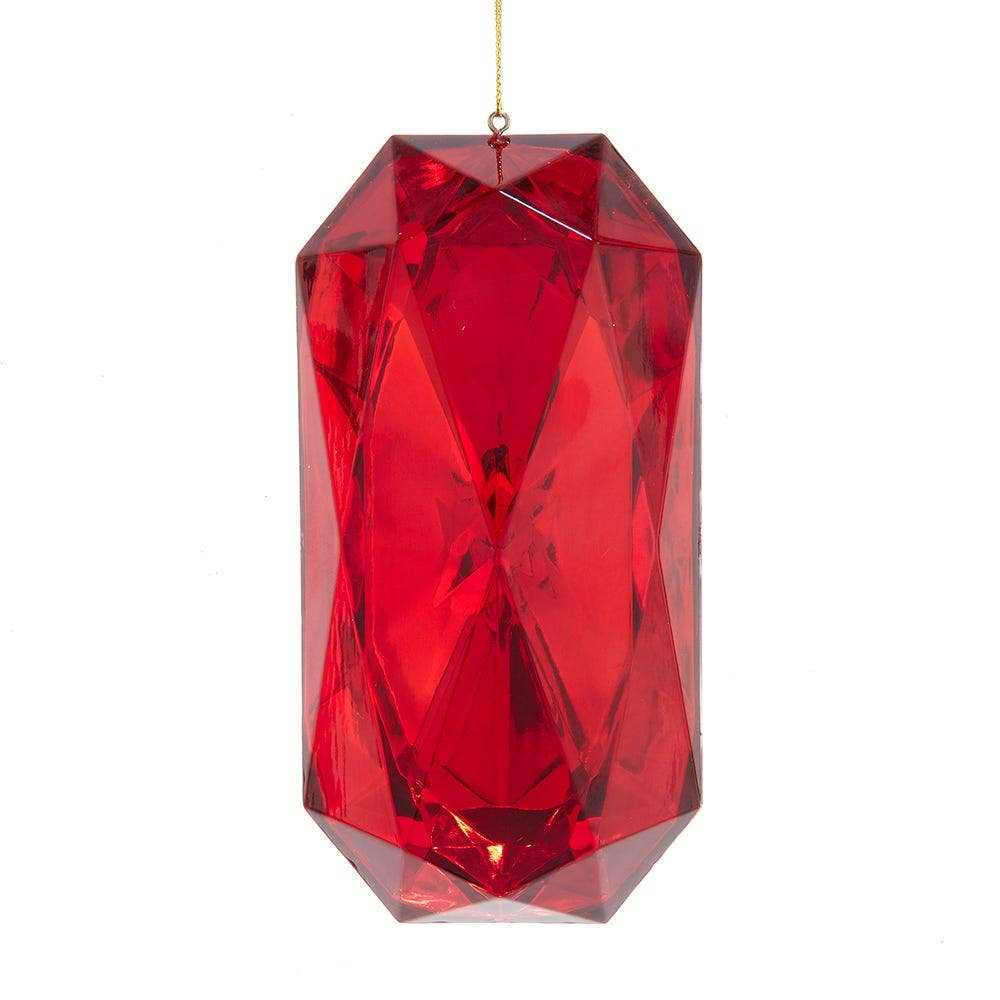 Plastic red jewel diamond-shaped Christmas ornament with faceted glass design and hanging string
