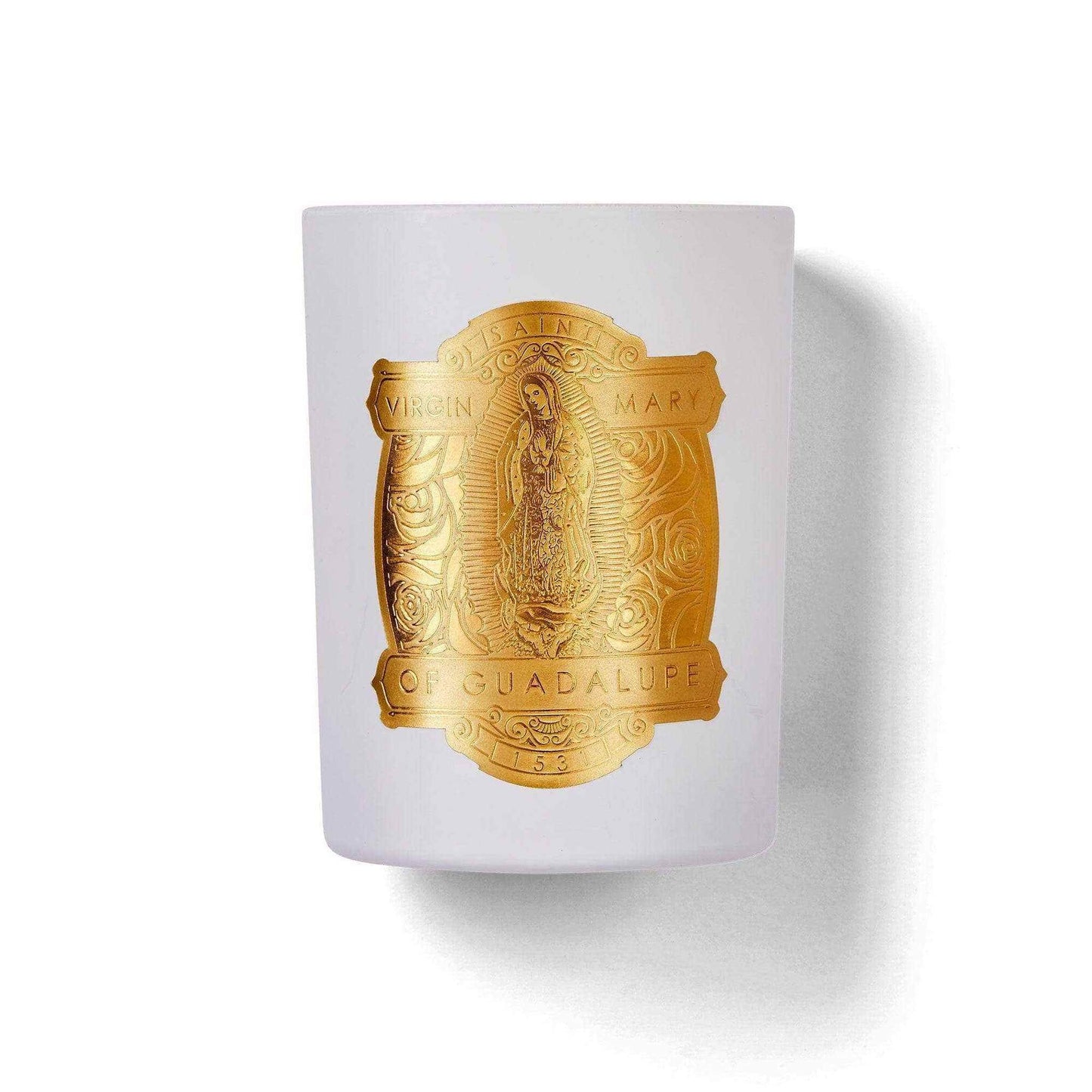 Virgin Mary of Guadalupe special edition white candle with gold emblem, oud and floral scent