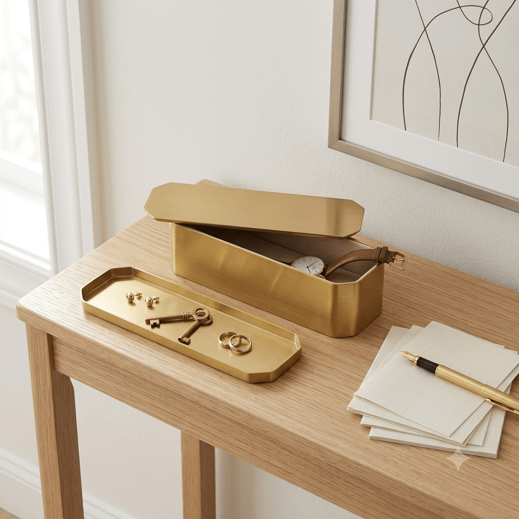 
                  
                    Modern Gold Iron Storage Box | Decorative Organizer with Lid - Curated Home Decor
                  
                