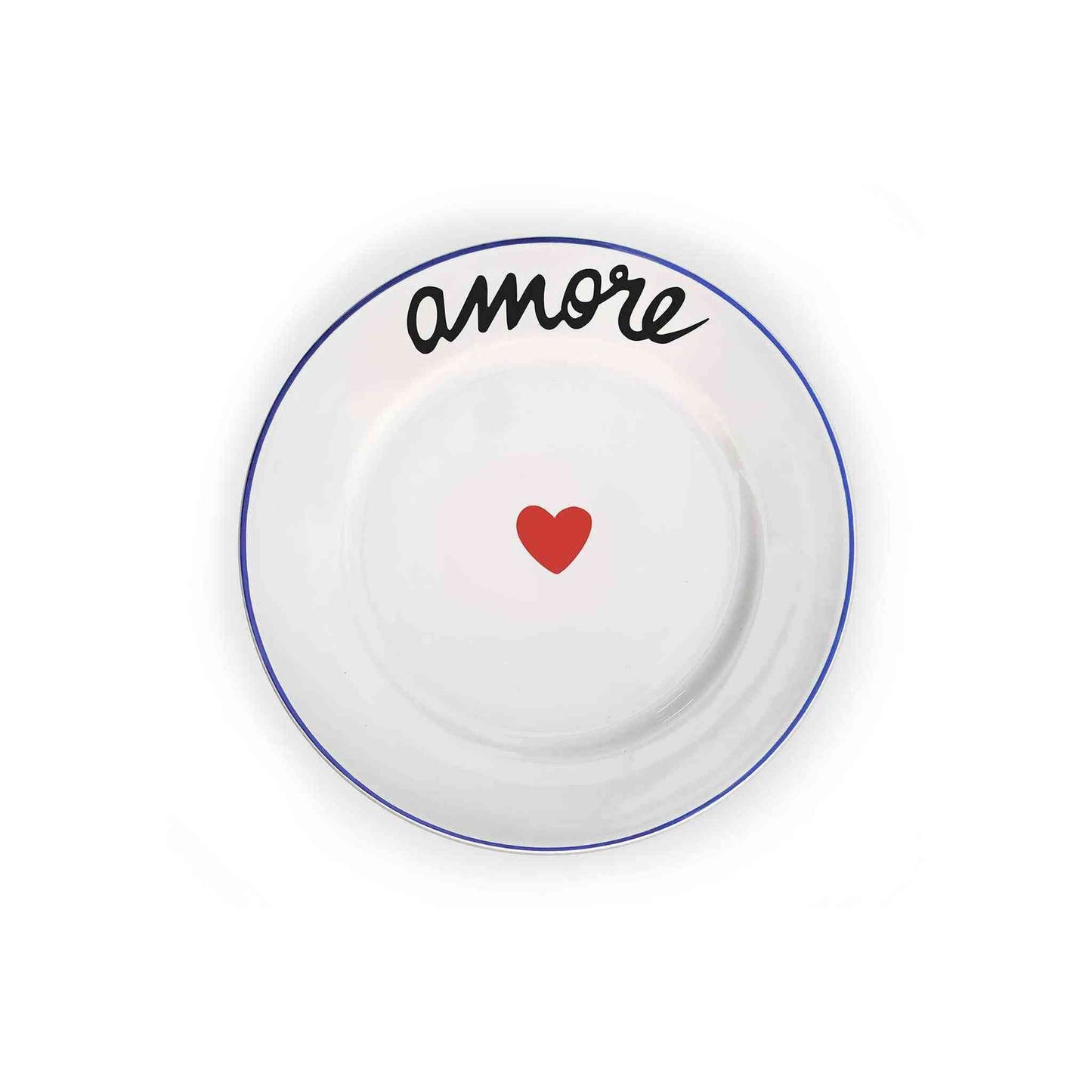 Amore Plate earthenware with hand-painted blue rim, red heart center, and "amore" script, crafted in France