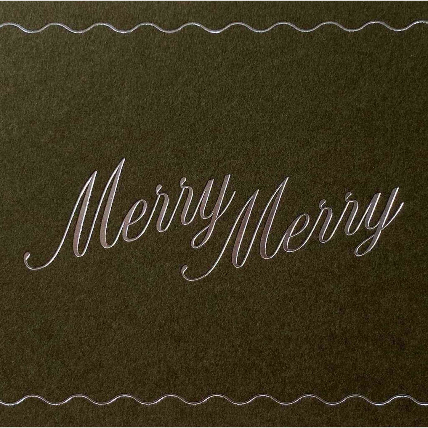 Moss green Merry Merry card with metallic silver foil stamping and natural envelope