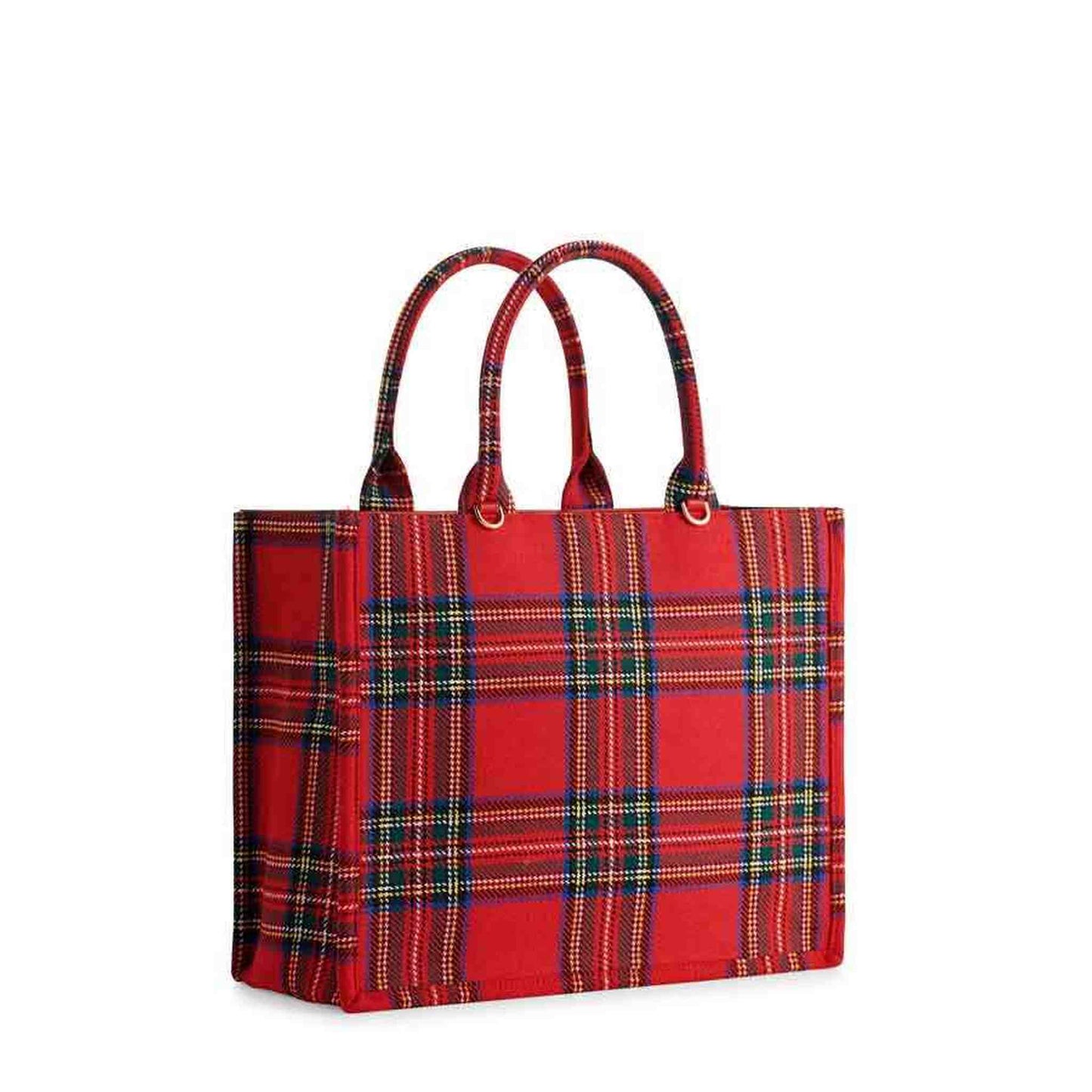 Red plaid Scottie Tote with double handles and magnetic snap closure, made of polyester and wool