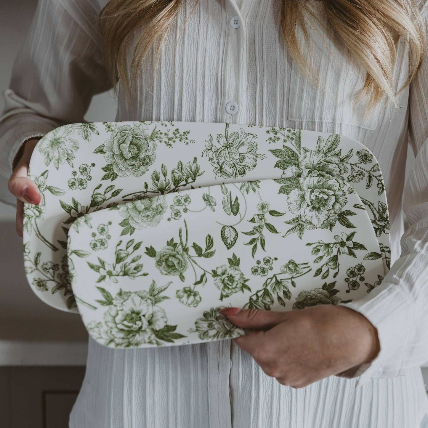 Set of 2 Green Delft Stacking Melamine Trays with vintage floral design, small and large sizes, durable and non-toxic.