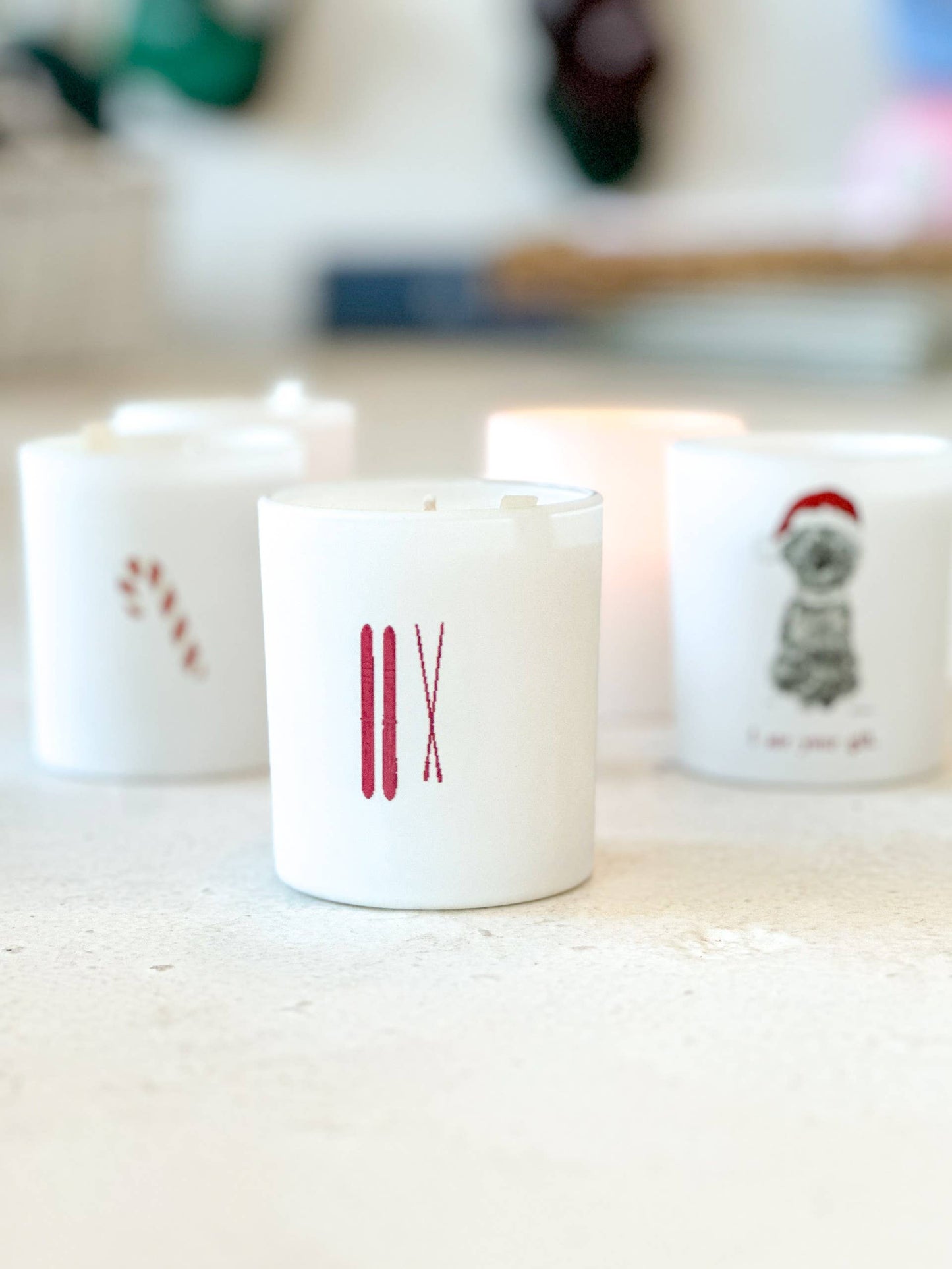 Red Ski 10oz Christmas Candle with Frasier Fir scent and festive paper wrap design