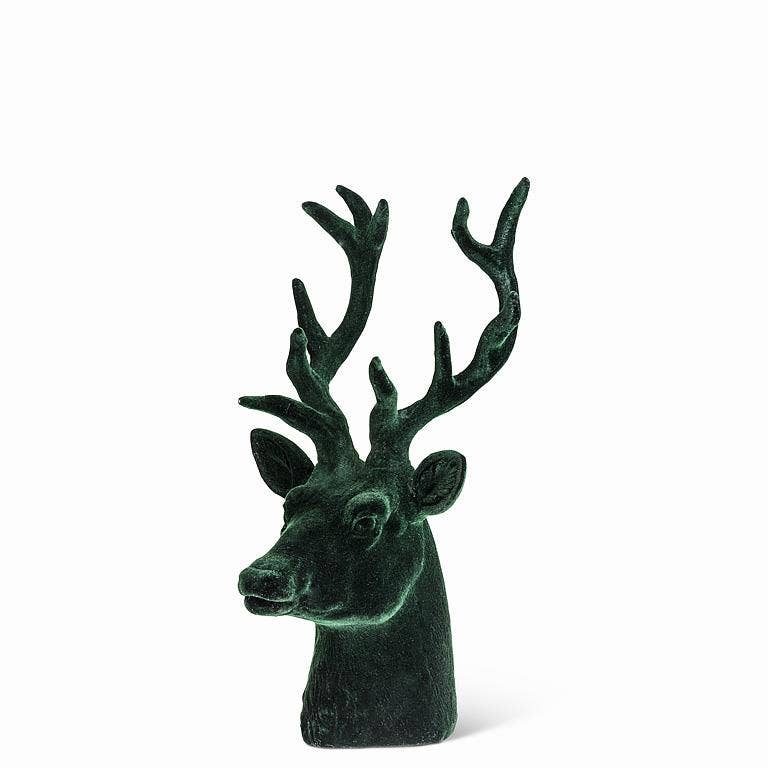 Medium flocked resin stag head in dark green