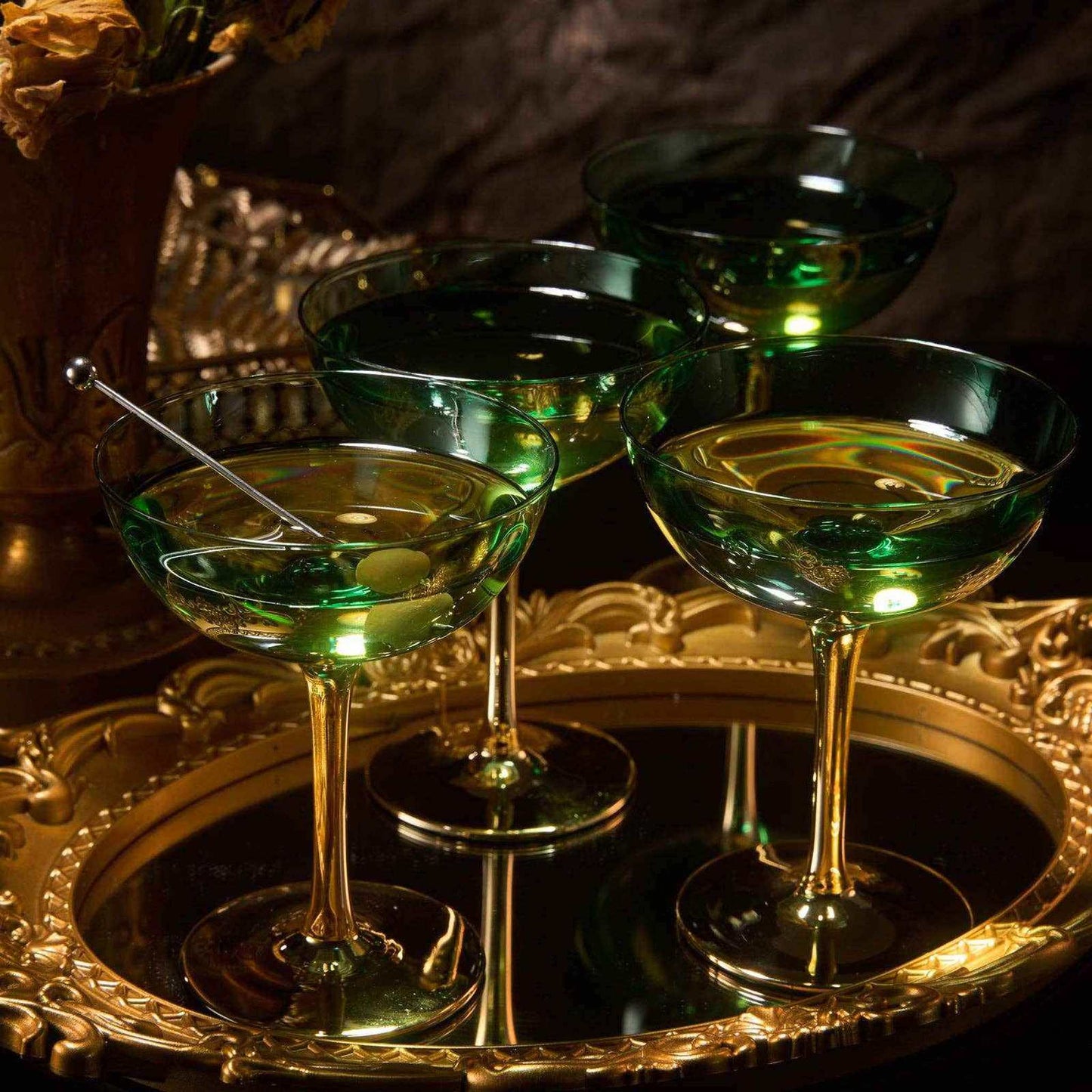 
                  
                    Gold & Green Coupe Art Deco Glasses, Gold | Set of 4 - Curated Home Decor
                  
                