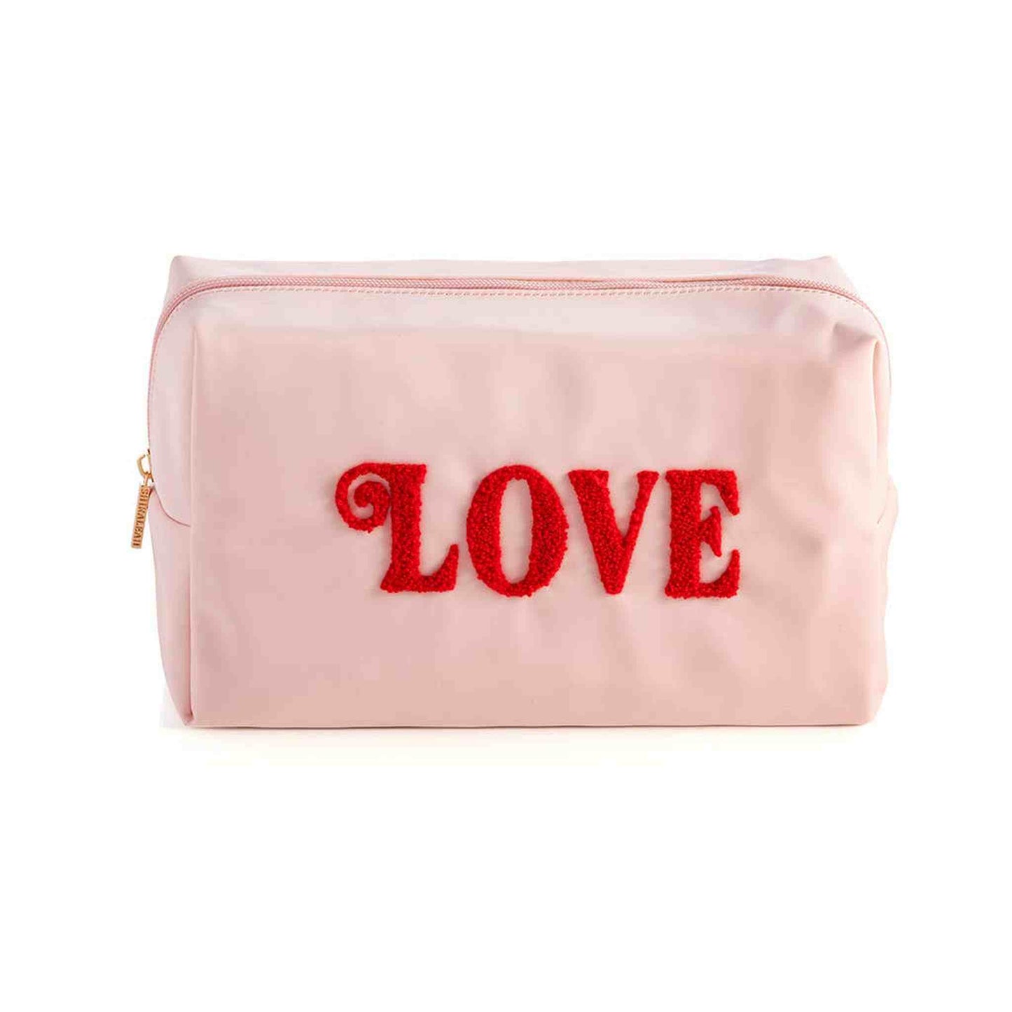 Blush nylon cosmetic pouch with red sherpa LOVE lettering and gold hardware, 10x6x4 inches, vegan makeup bag