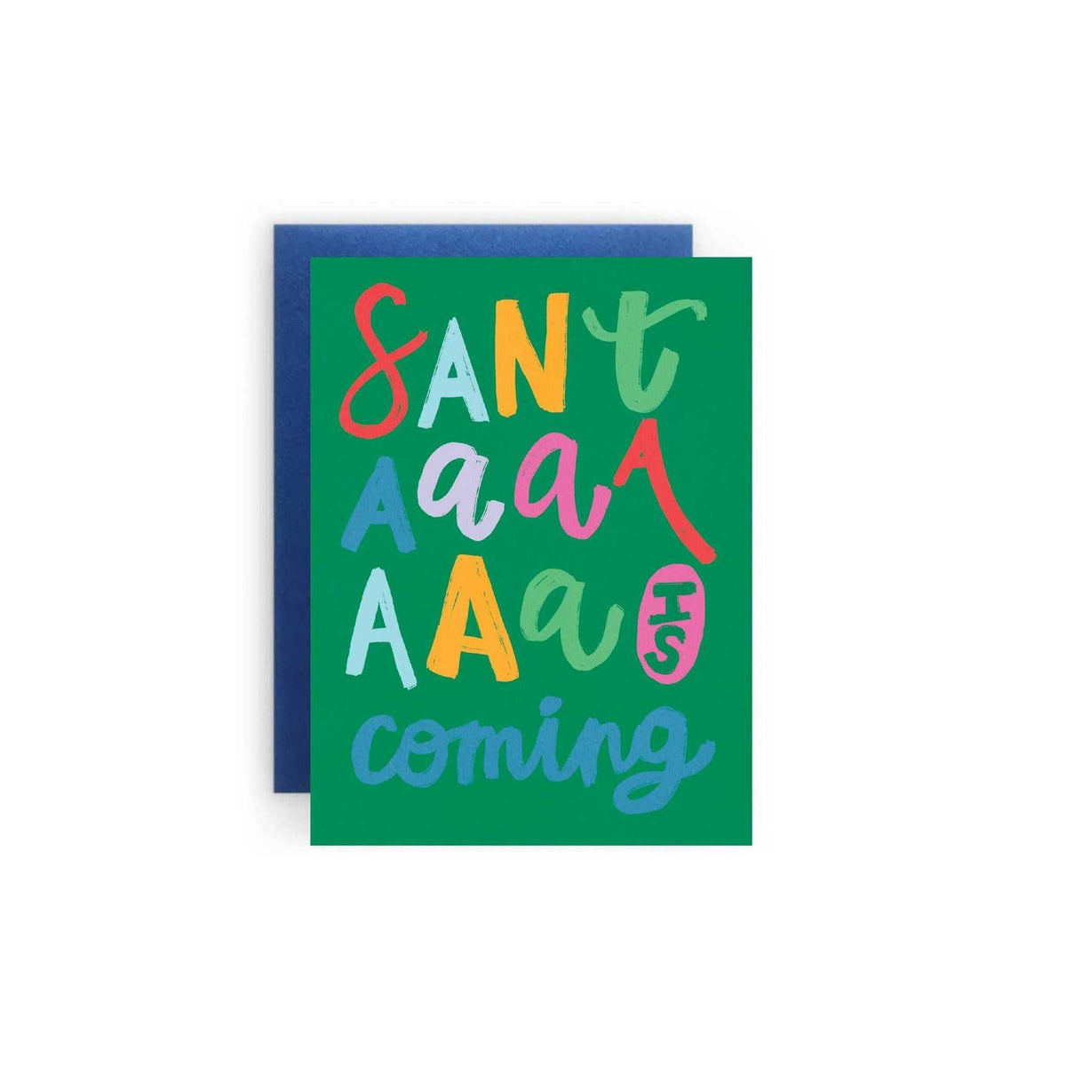 Santaaa Card holiday note with colorful text on green background, A2 size folded greeting card with blue envelope